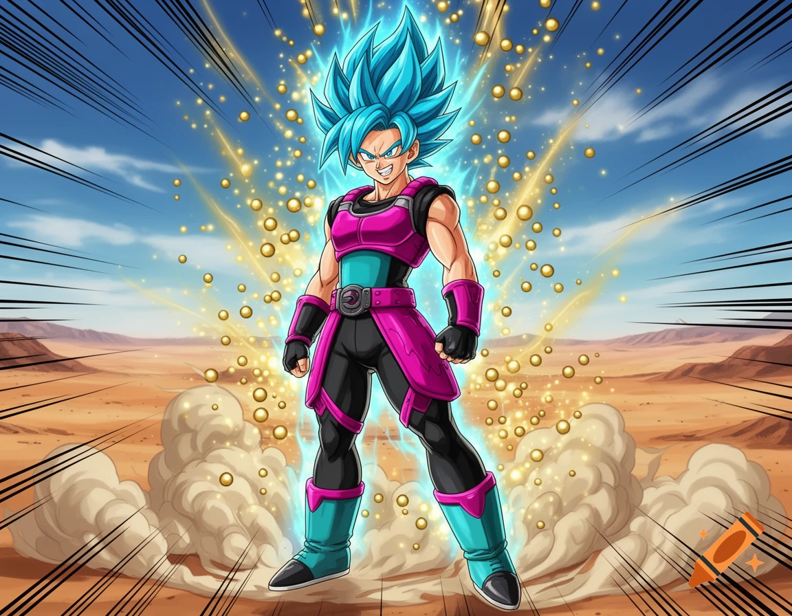 A powerful anime-style character with spiky blue hair, wearing pink and black armor, glowing with blue energy in a desert.