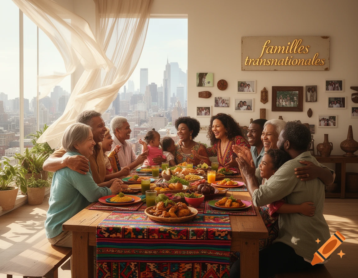 A multi-generational family gathers for a meal at a long table with a city skyline visible through large windows.