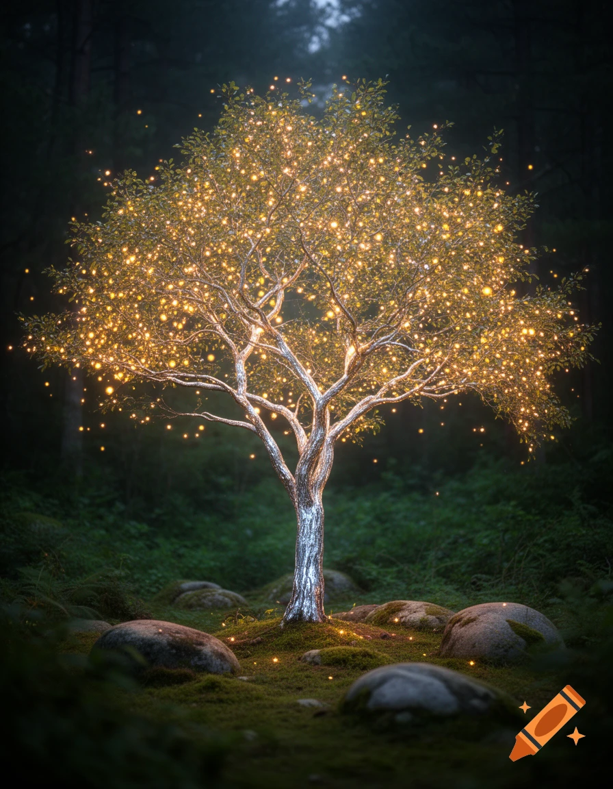 A glowing tree with numerous golden lights on its leaves and trunk stands in a dark, mossy forest clearing with scattered rocks.