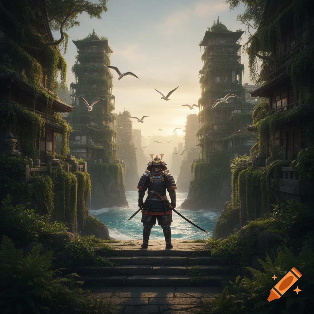 Armored samurai stands with swords, facing a sea between ivy-covered ancient city buildings at sunset with birds flying.