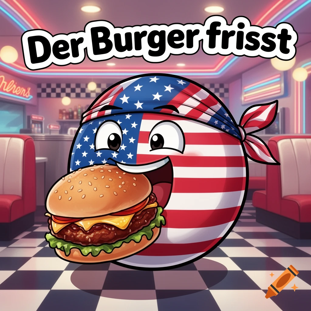 A cartoon USA countryball character with a bandana happily eats a burger in a retro diner, with the text "Der Burger frisst" above.