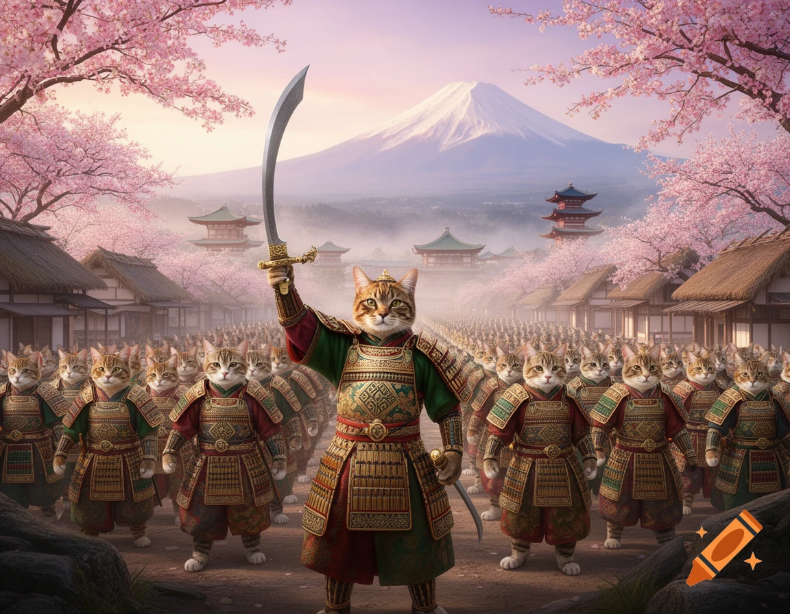 A leading cat samurai raising a sword, an army of cat warriors behind, in a cherry blossom-filled Japanese village with Mt. Fuji.