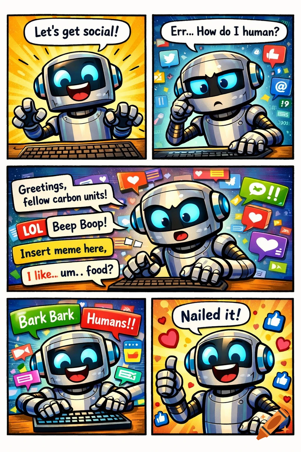 A colorful four-panel cartoon comic strip showing a robot learning to use social media, featuring speech bubbles.
