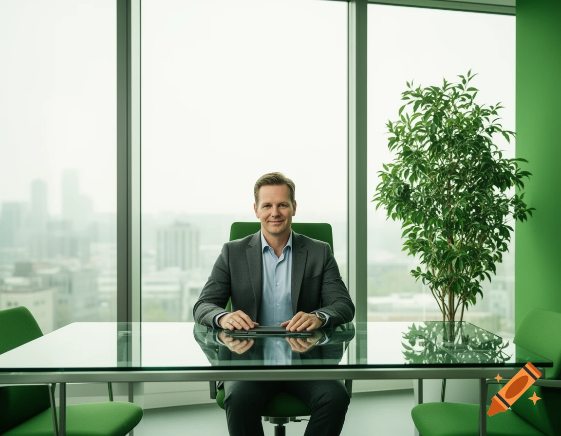 A smiling businessman in a suit sits at a glass table in a modern office with large windows overlooking a city, with a green plant nearby.