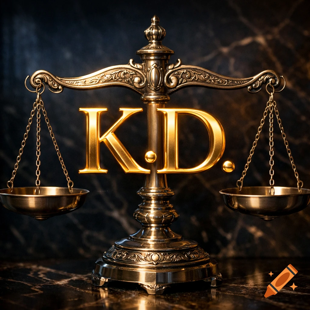 Photorealistic gold libra scale with large, shiny gold K.D. initials centered between the balance pans, against a dark marble background.