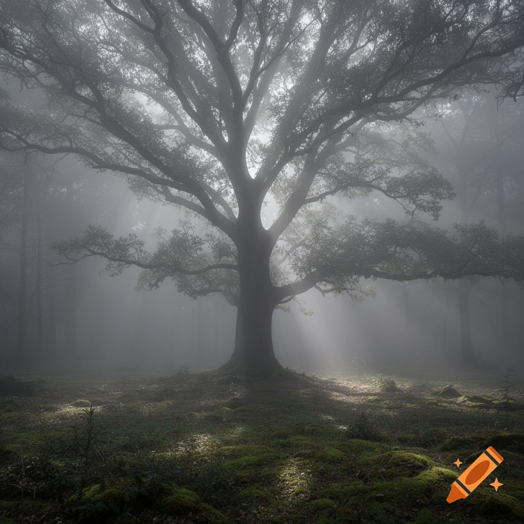 A large, ancient tree with sprawling branches stands in a mystical, foggy forest with rays of light cutting through the mist.