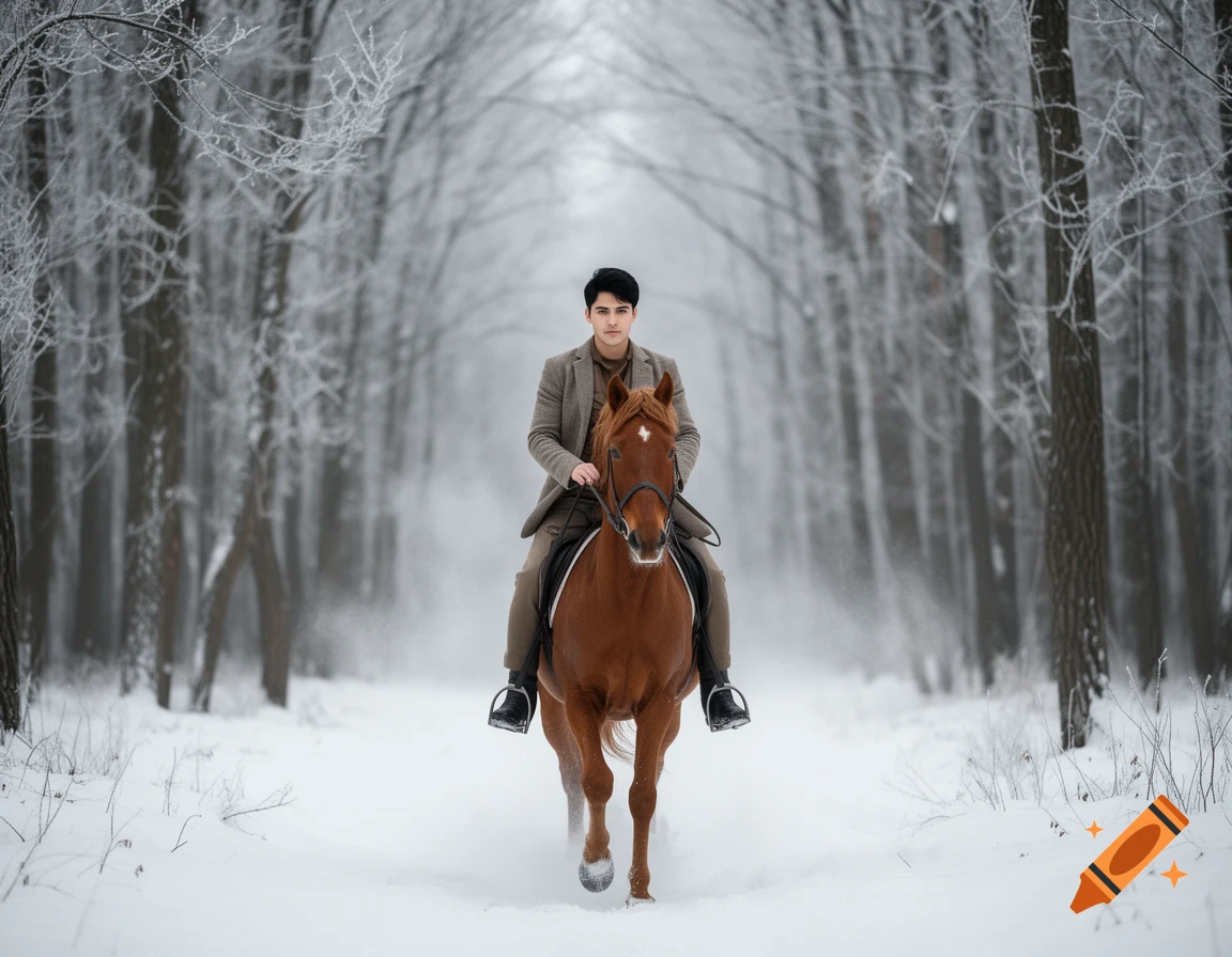 A man with dark hair rides a brown horse through a snowy forest path, looking forward in a photorealistic style.