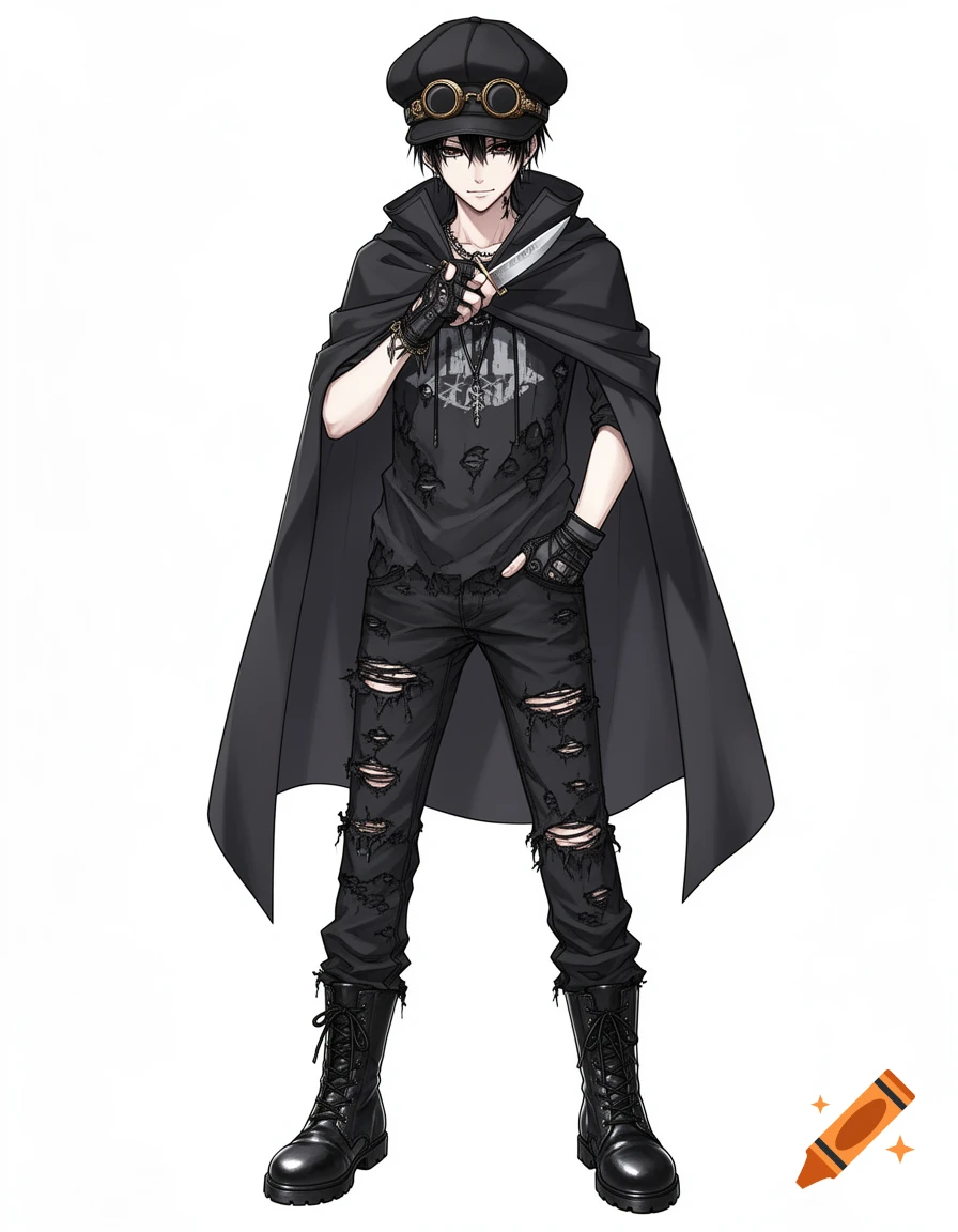 An anime boy dressed in emo clothing, including a black cape, ripped jeans, fingerless gloves, a newsboy cap with steampunk goggles, and dark boots, holding a knife on a white background.