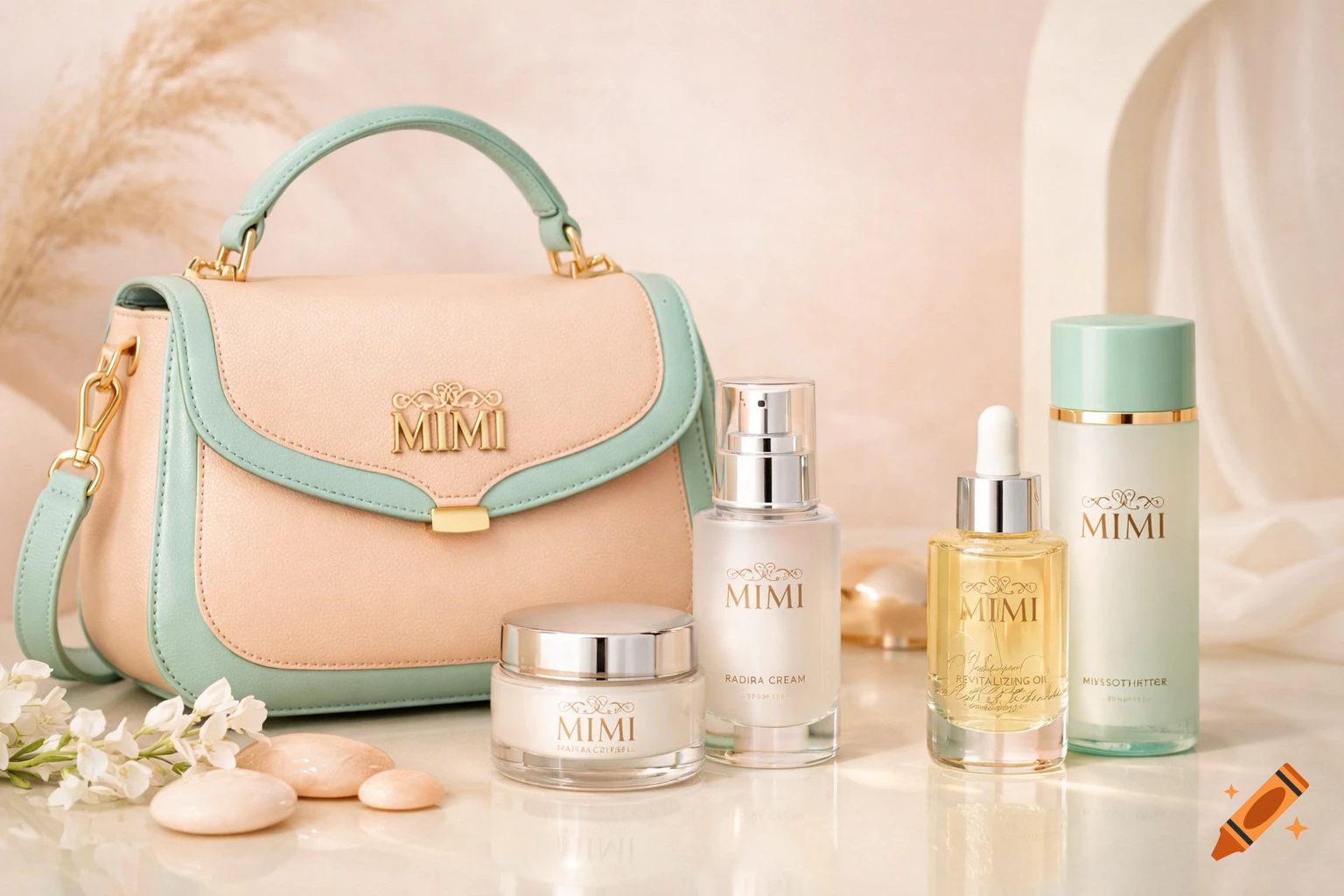 A soft peach and mint green handbag stands next to several "MIMI" brand skincare products, including a cream, serum, and lotion, in a bright setting.