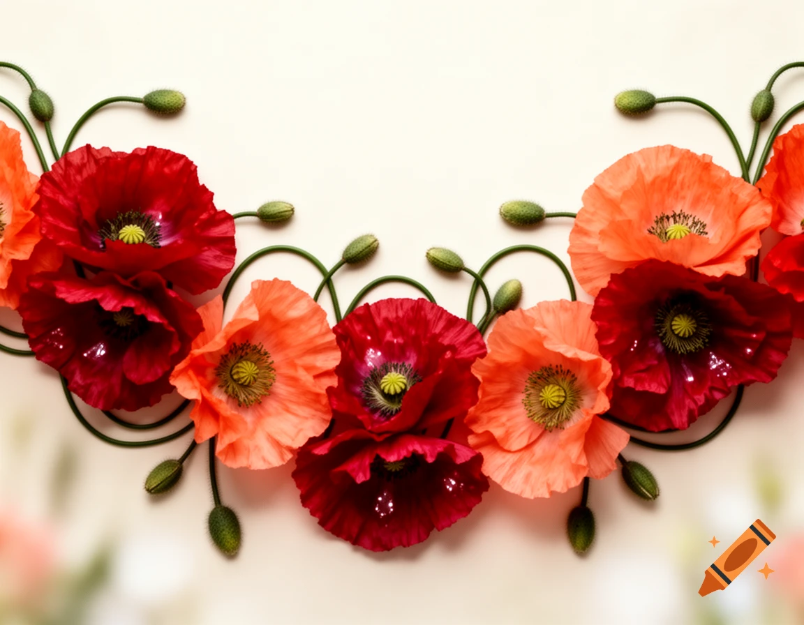 A decorative floral border featuring vibrant red and orange poppy flowers and green buds on a light background.
