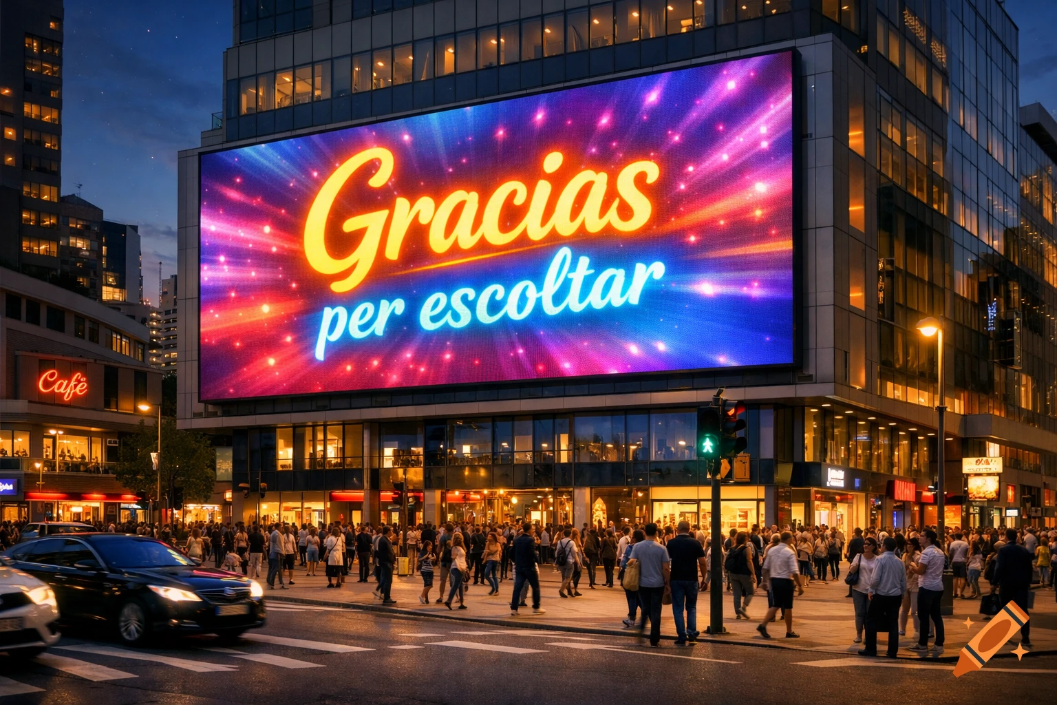 Photorealistic night cityscape with a large LED billboard showing 'Gracias per escoltar' above a busy street with pedestrians and cars.