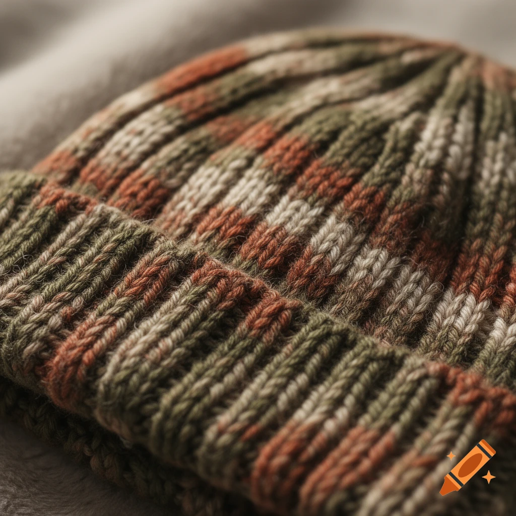 Close-up of a ribbed knit beanie hat in a striped pattern of muted green, orange, and off-white.