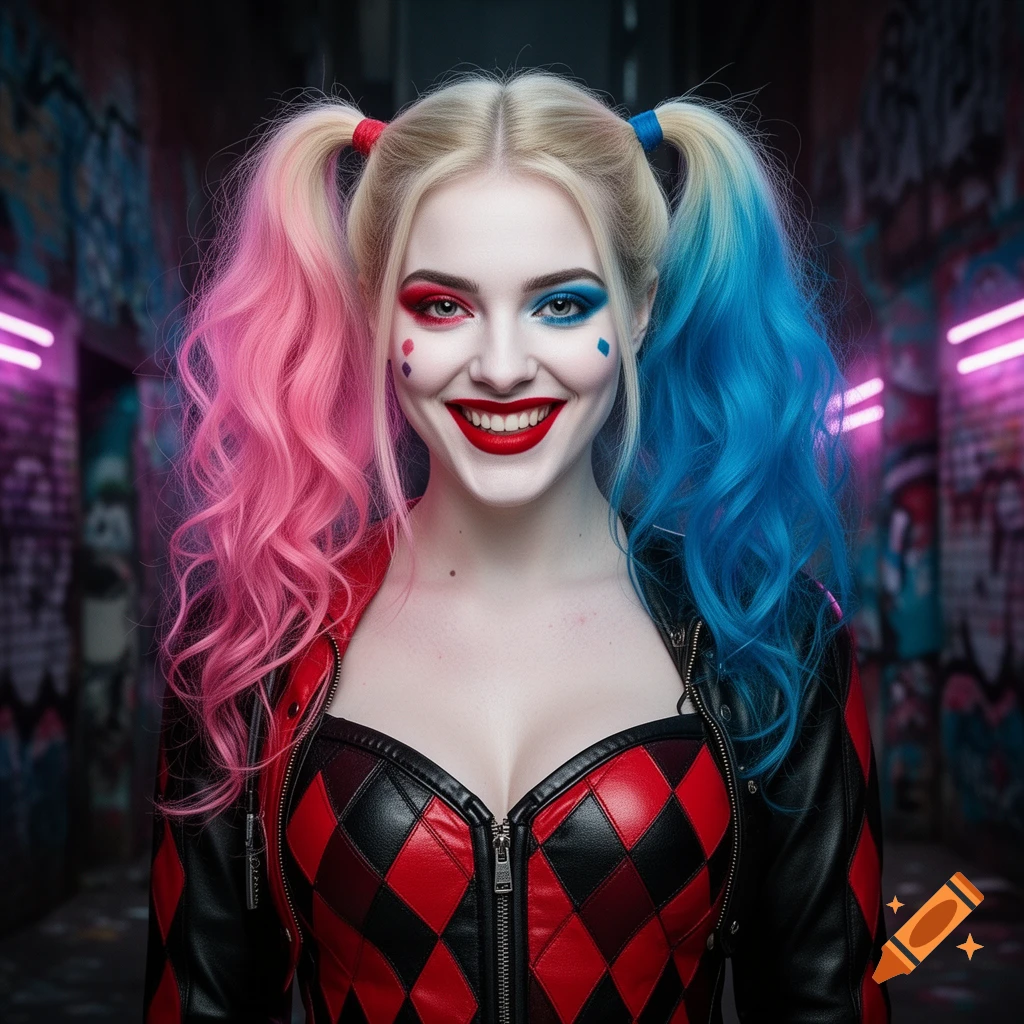 Smiling woman as Harley Quinn with pink and blue pigtails, red and black harlequin top, in a neon-lit, graffiti alley.