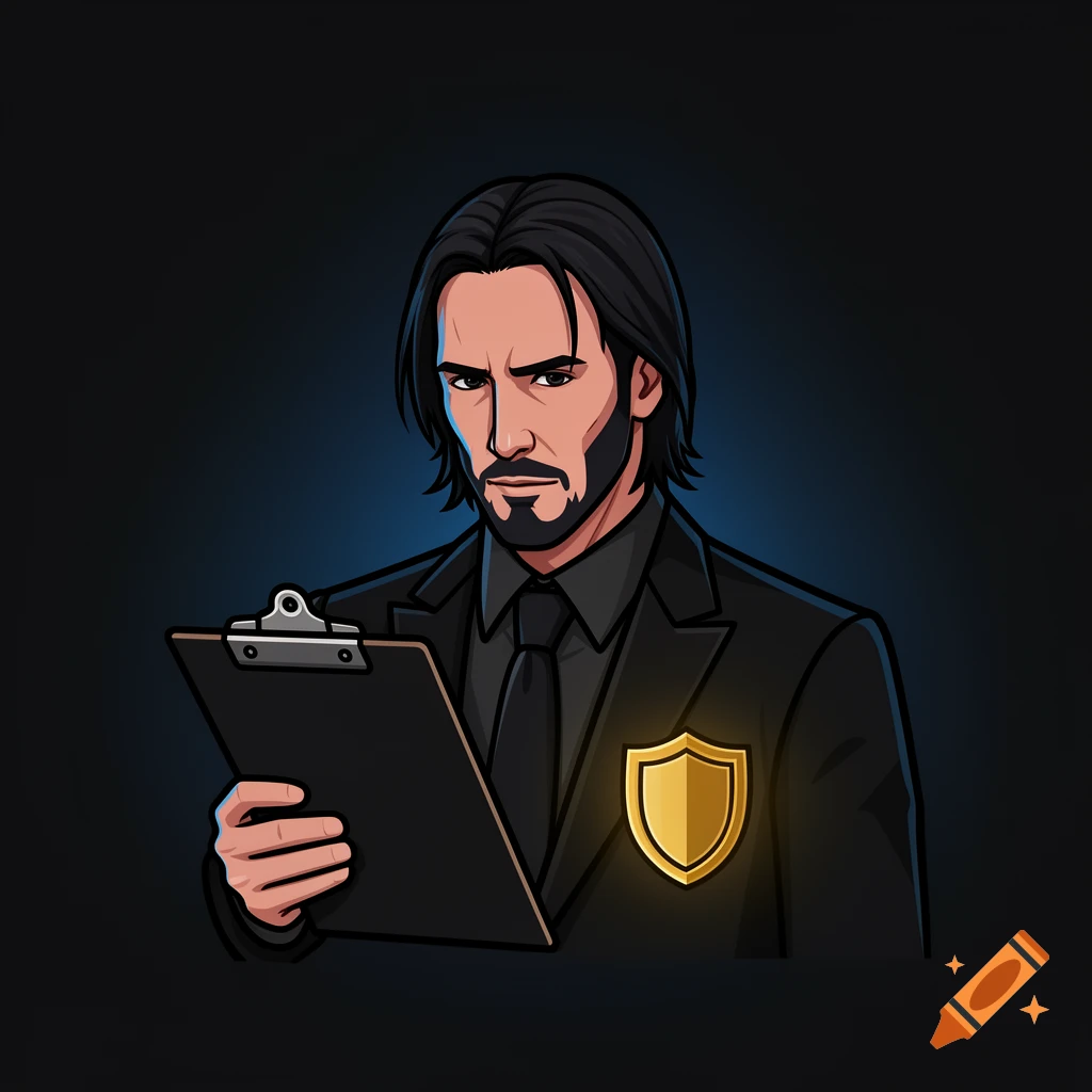 A vector art avatar of a John Wick-like character in a black suit, holding a clipboard, with a glowing gold shield badge on his lapel.