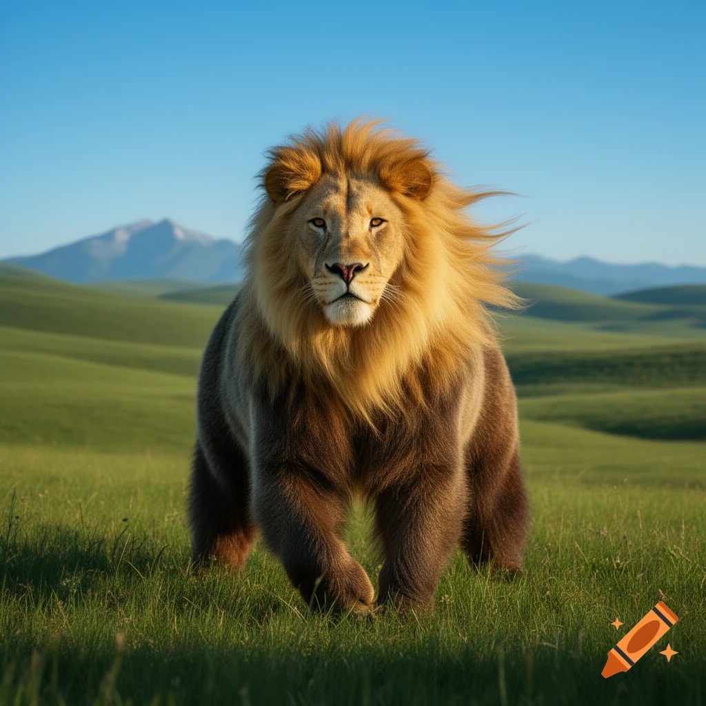 A majestic, photorealistic lion-bear hybrid creature stands in a vast green field under a clear blue sky, with distant mountains.