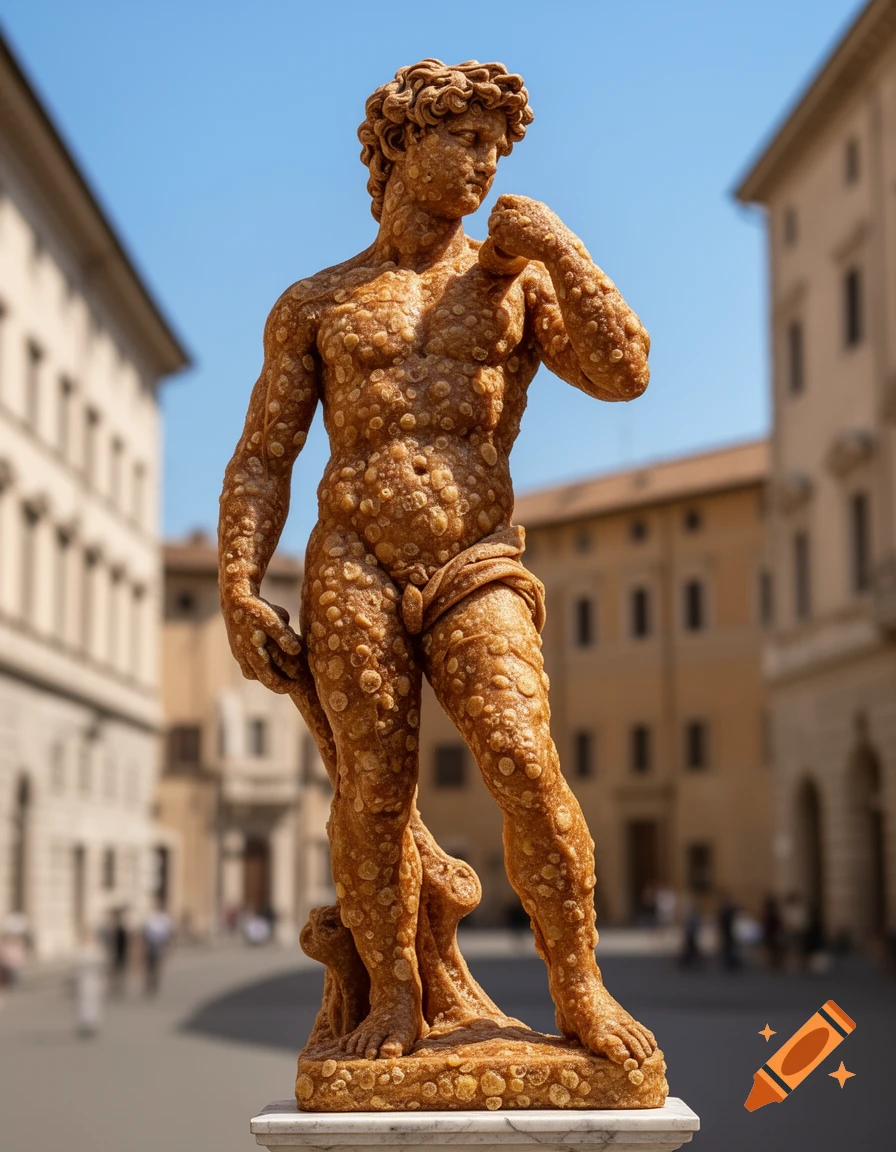 Photorealistic image of Michelangelo's David statue, made from a textured cannoli shell material, standing in a blurred city square.