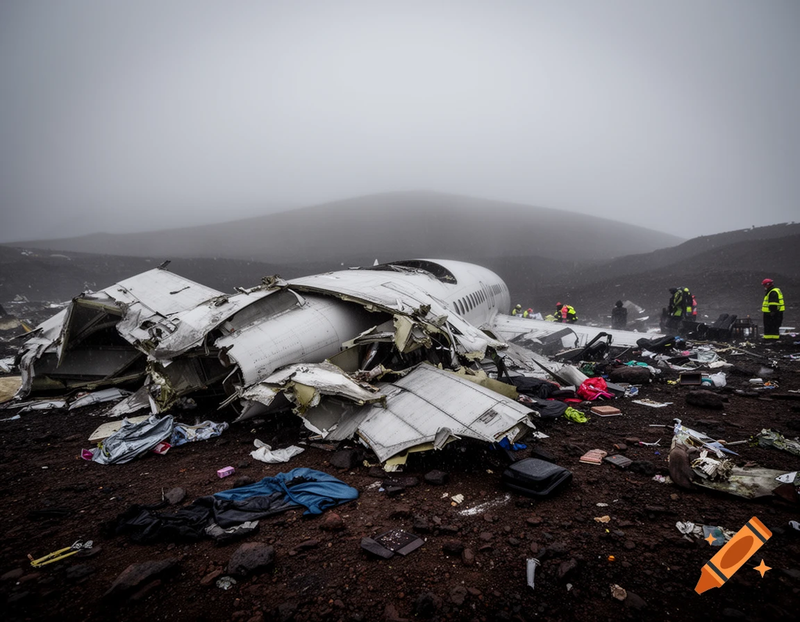 Photorealistic image of an airplane wreckage after a crash with emergency responders at the scene under a foggy sky.