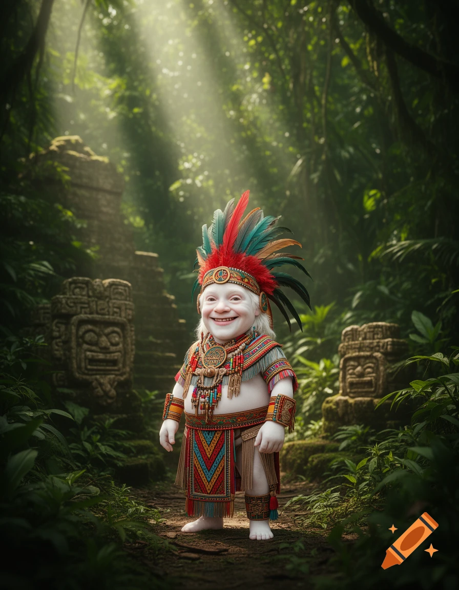 A smiling albino child in an ornate, feathered indigenous costume stands in a sunlit jungle with ancient stone ruins.