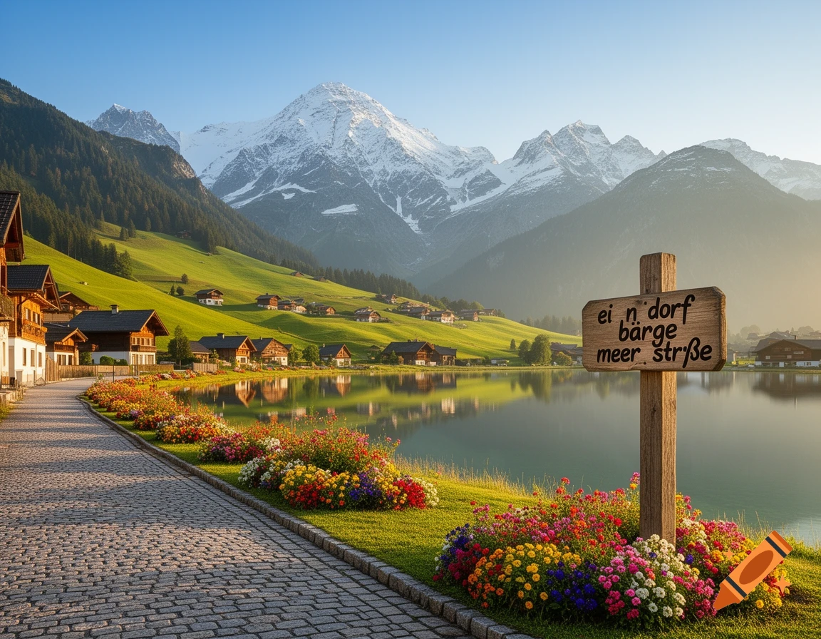 A picturesque village with traditional houses by a tranquil lake, surrounded by vibrant flowers and rolling green hills, with majestic snow-capped mountains in the background under a clear blue sky. A wooden sign reads "ei n dorf bärge meer strße".