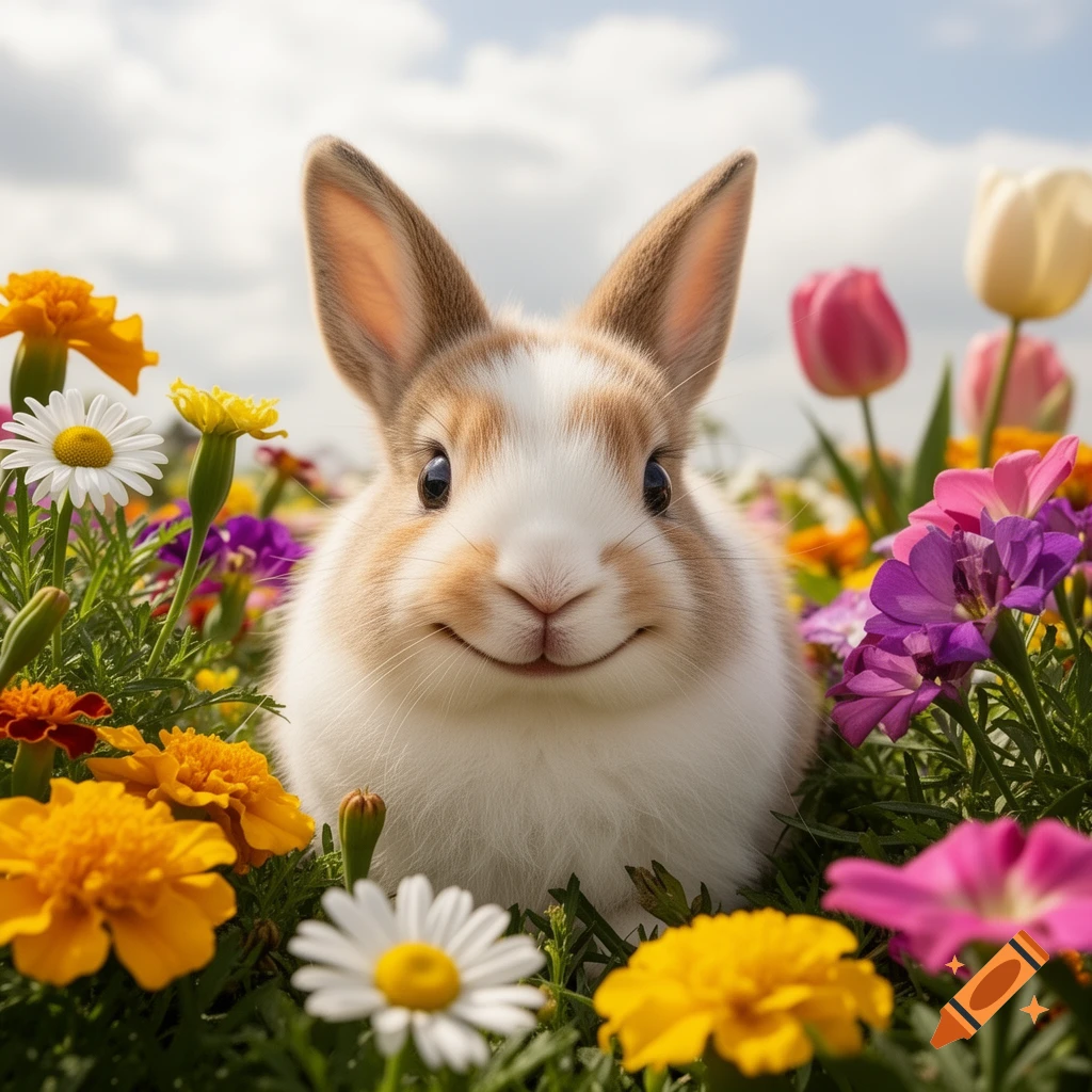 A close-up, photorealistic image of a smiling brown and white bunny in a field of colorful spring flowers under a blue sky.
