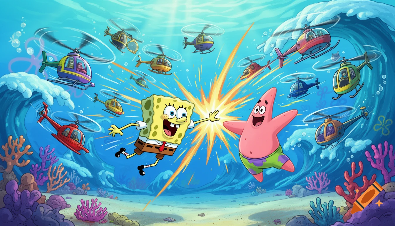 Spongebob Squarepants and Patrick Star cheerfully greet each other underwater as numerous colorful helicopters fly around them above coral reefs.