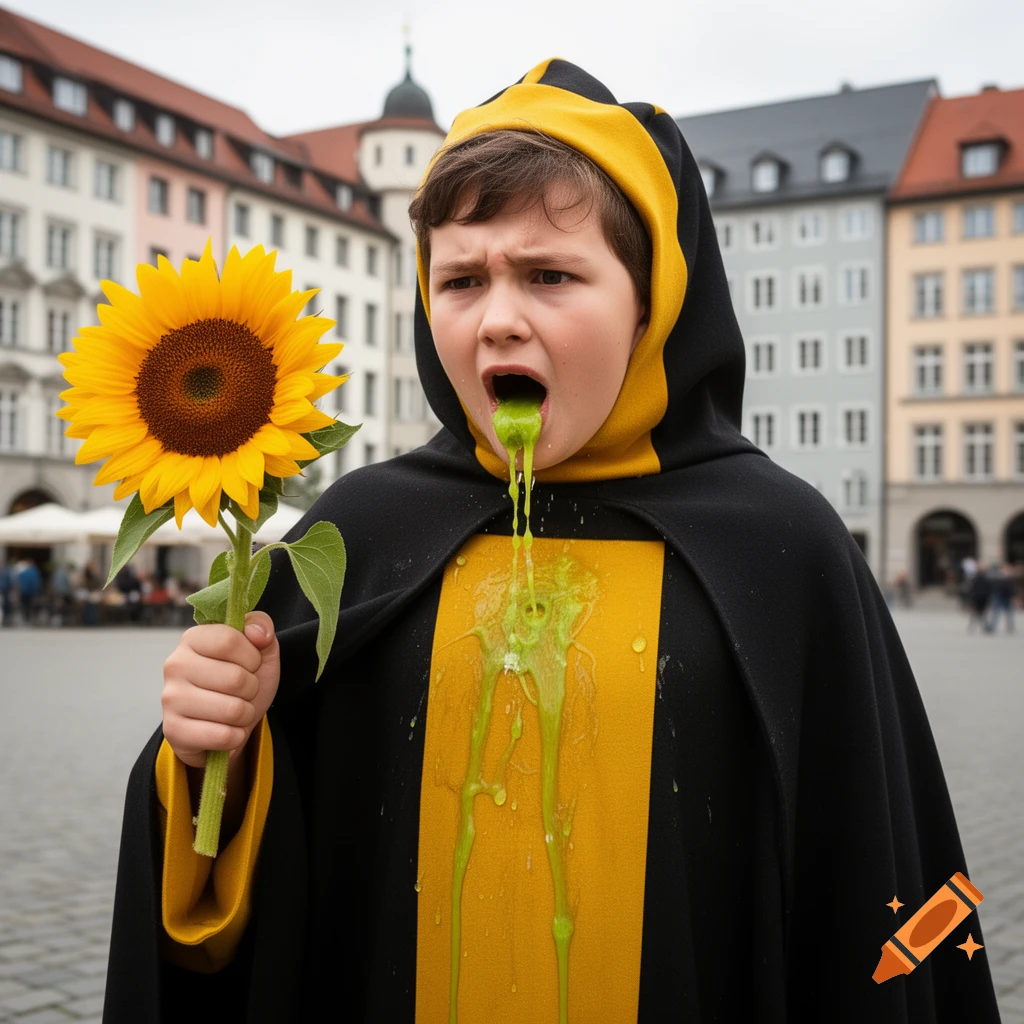 A child in a black and yellow cape vomits green slime, holding a sunflower in a photorealistic town square.
