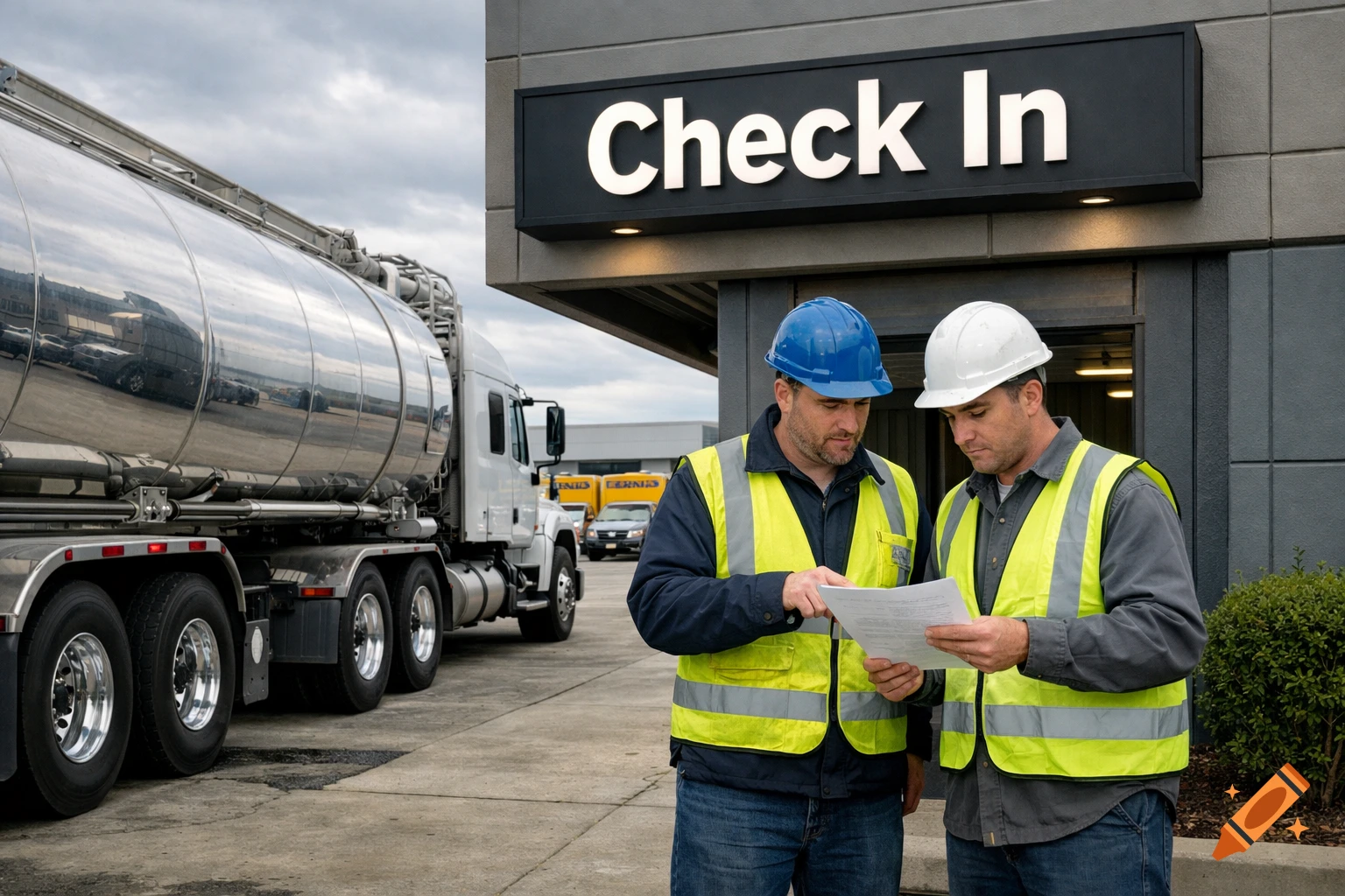 Two workers in hard hats and safety vests review papers in front of a tanker truck and a building with a "Check In" sign.