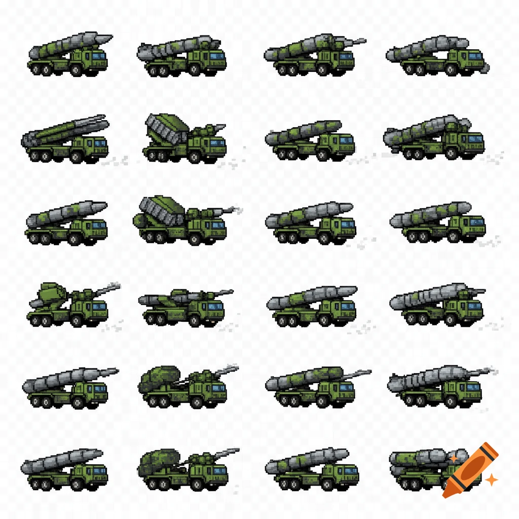 A sprite sheet displaying 16 pixel art ballistic missile launchers on green trucks with missiles in various orientations, on a transparent background.