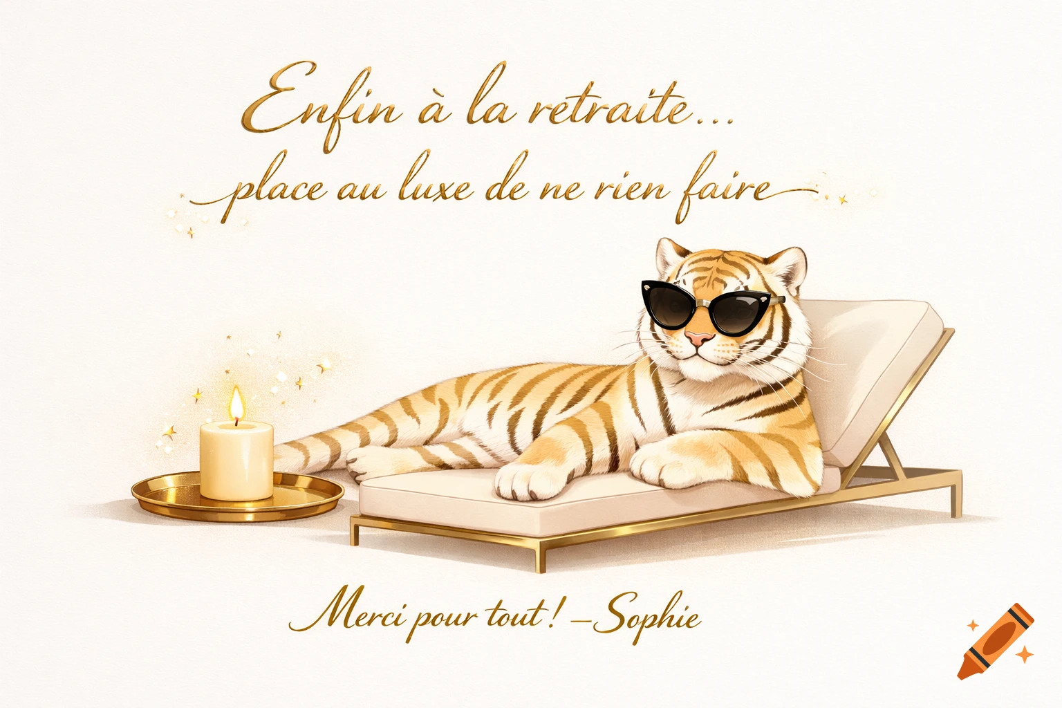 Cute stylized tiger wearing sunglasses relaxing on a lounge chair with a candle. French text reads about retirement.