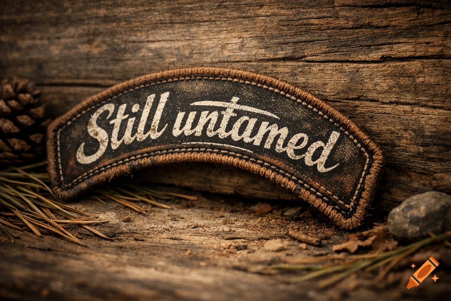 A rustic, curved patch with "Still untamed" text, lying on weathered wood with pine needles and a pinecone.