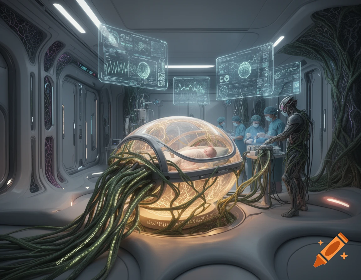 A baby rests in a glowing, clear incubator pod connected by organic tubes, attended by masked medical staff and an alien figure in a futuristic biopunk lab with holographic screens and tree-like structures.