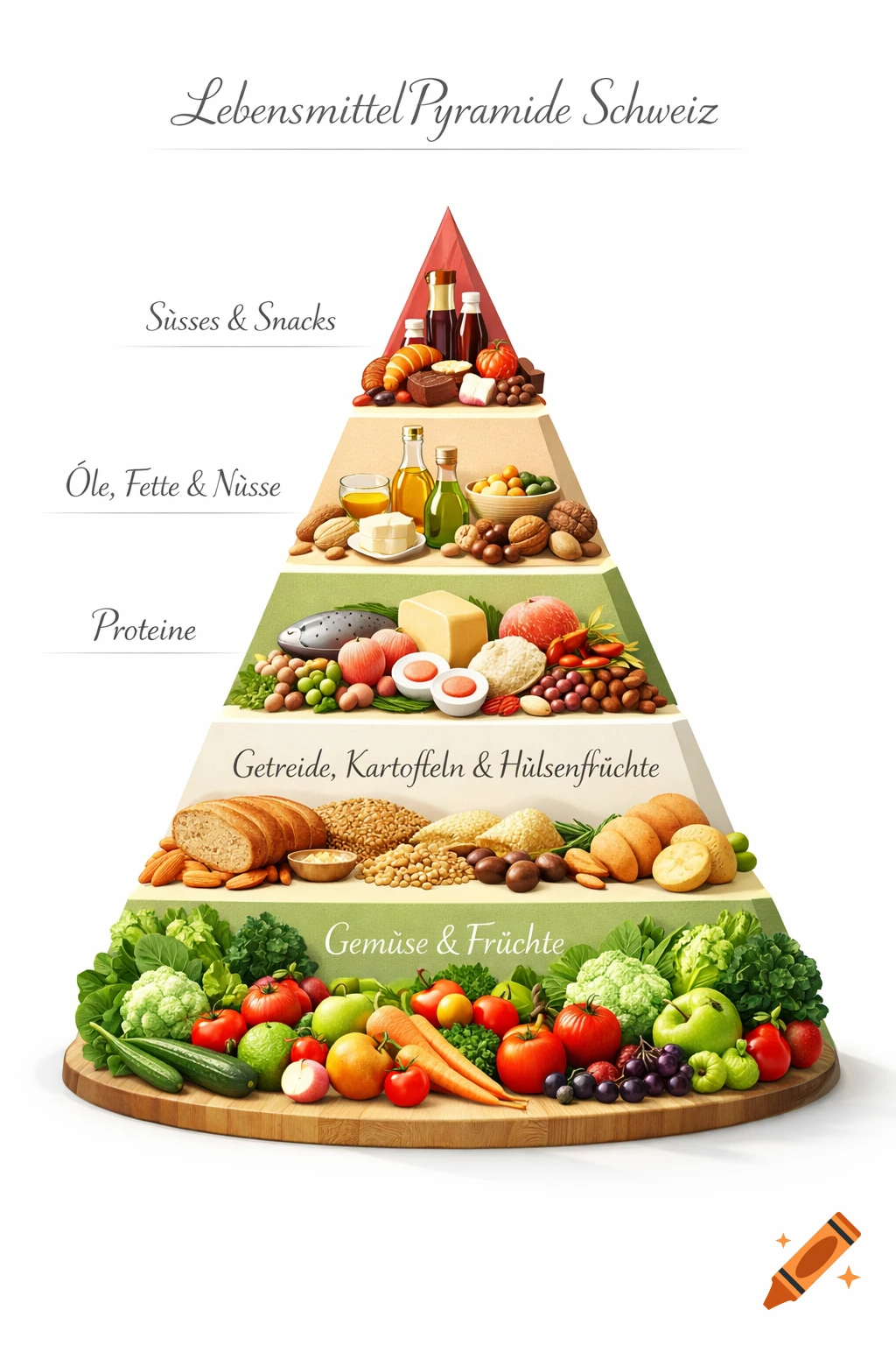 A colorful Swiss food pyramid on a wooden base, displaying various food groups like vegetables, fruits, grains, proteins, fats, and sweets, with labels in German.