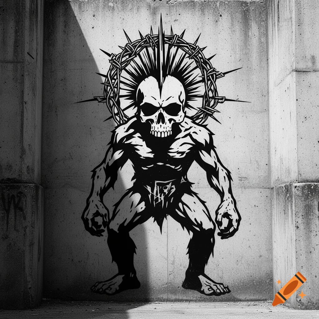 A black and white stencil art image of an anarcho-punk monster with a skull head and barbed wire mohawk on a concrete wall.