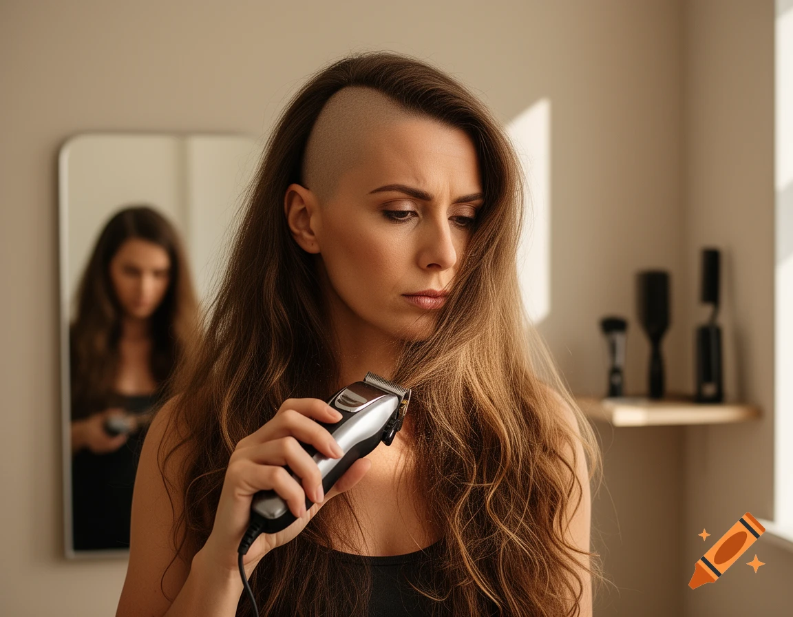 A woman with long brown hair shaves the side of her head with electric clippers in a bathroom, looking serious.