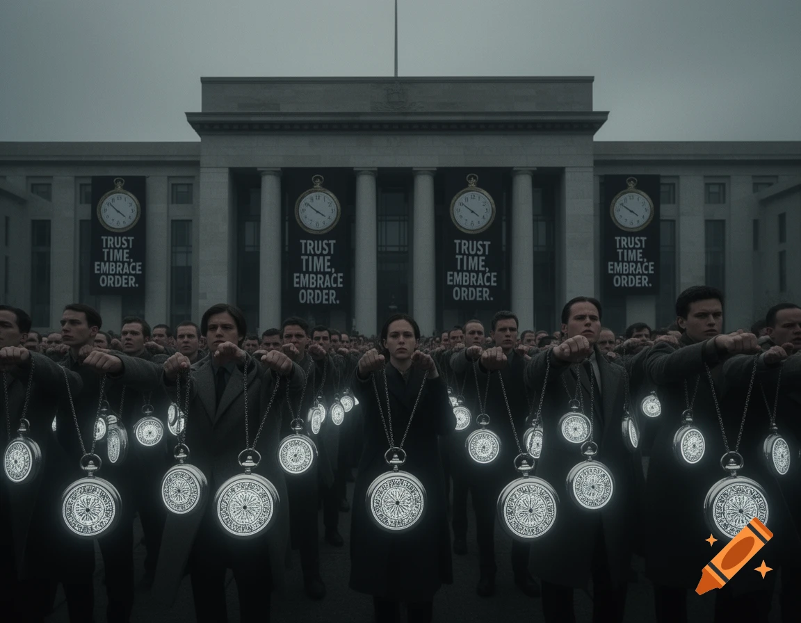 A somber, photorealistic scene of a crowd in dark clothing holding glowing pocket watches, standing before a large government building with banners reading "TRUST TIME, EMBRACE ORDER."