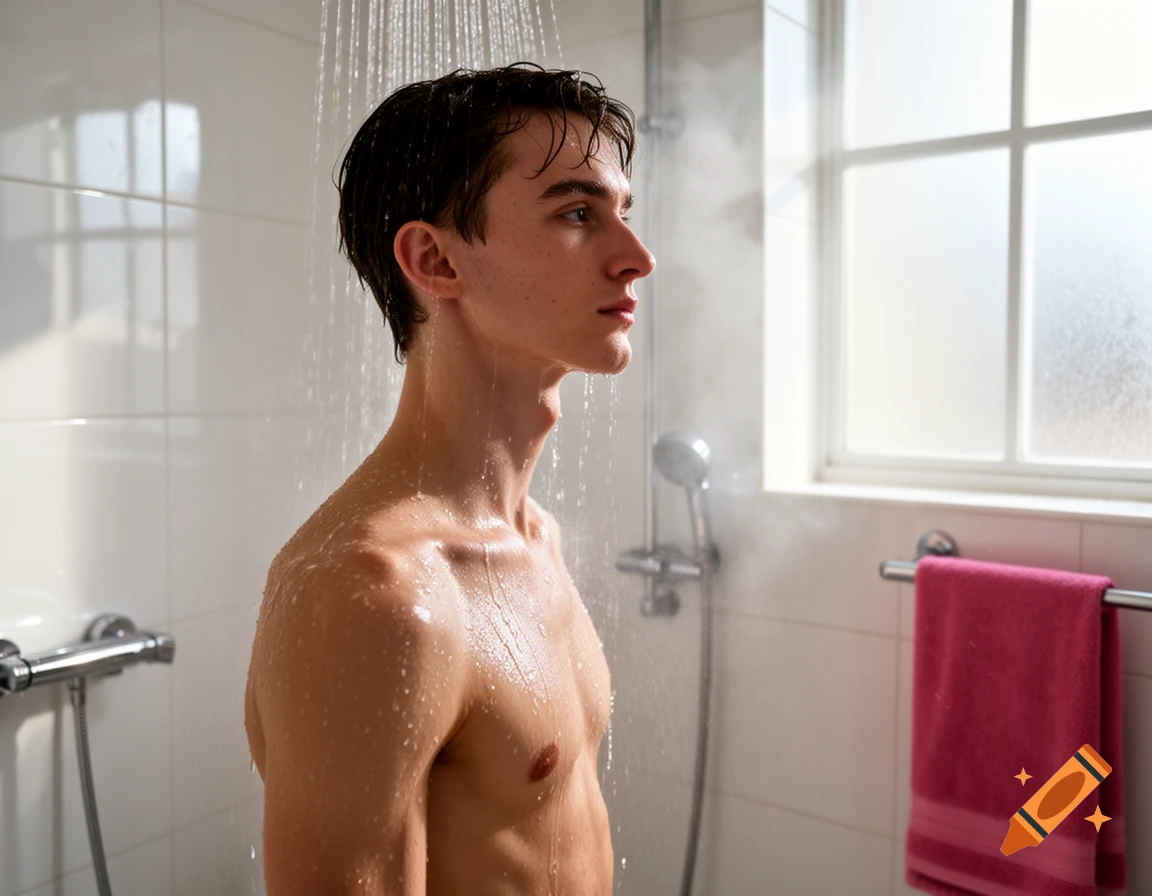 A young man with wet hair and shoulders stands in a brightly lit shower with water falling on him.