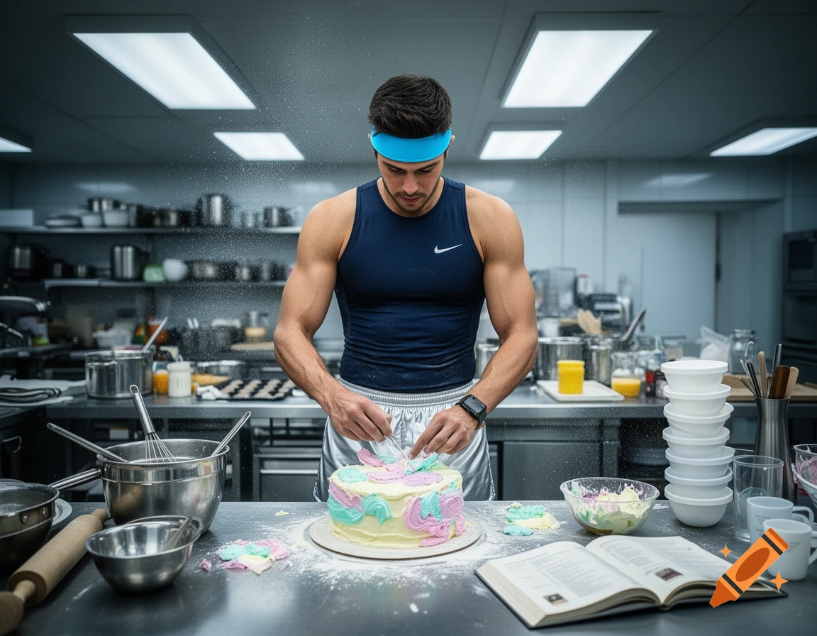 A muscular man in athletic wear and a blue headband decorates a cake with colorful frosting in a professional kitchen.