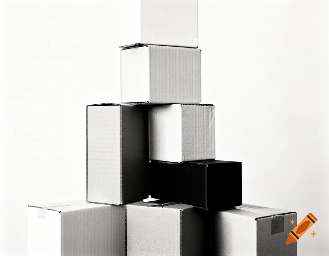 A monochrome image of various sized cardboard boxes stacked in a pyramid, including white, light brown, and one black box.
