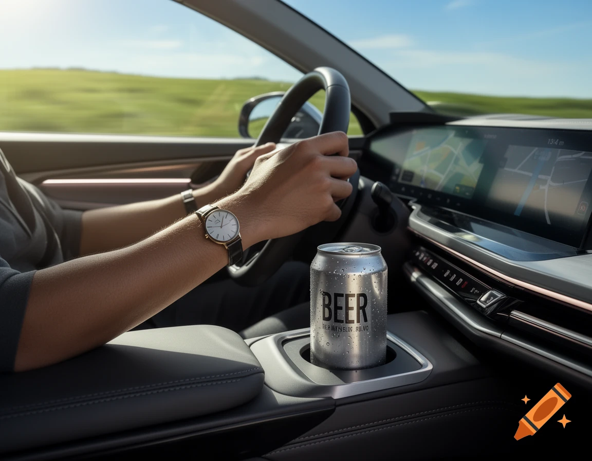 A person driving a car, wearing a watch, with a wet silver beer can in the cup holder showing the word "BEER".
