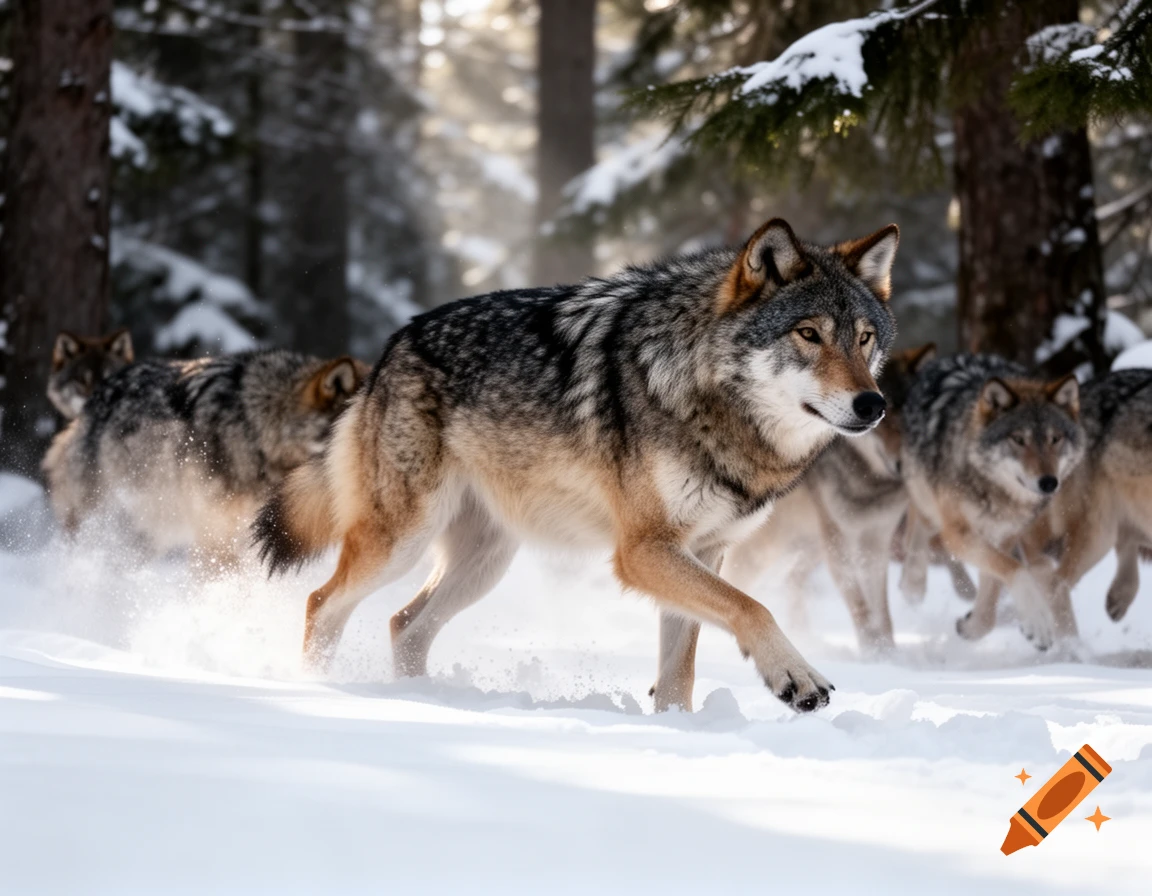 A photorealistic image of a pack of wolves moving through deep snow in ...