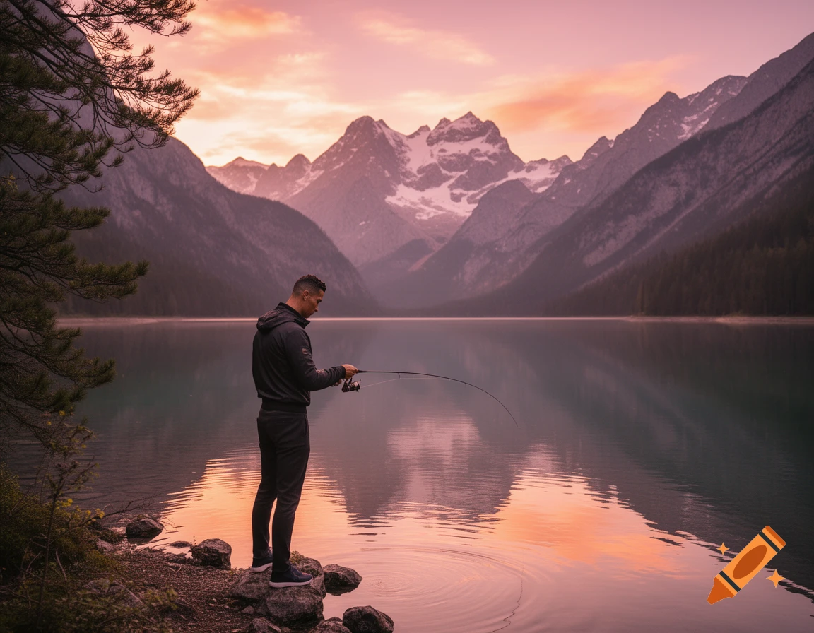 Cristiano Ronaldo fishing in a serene mountain lake at sunset, with a vibrant sky reflected on the water.