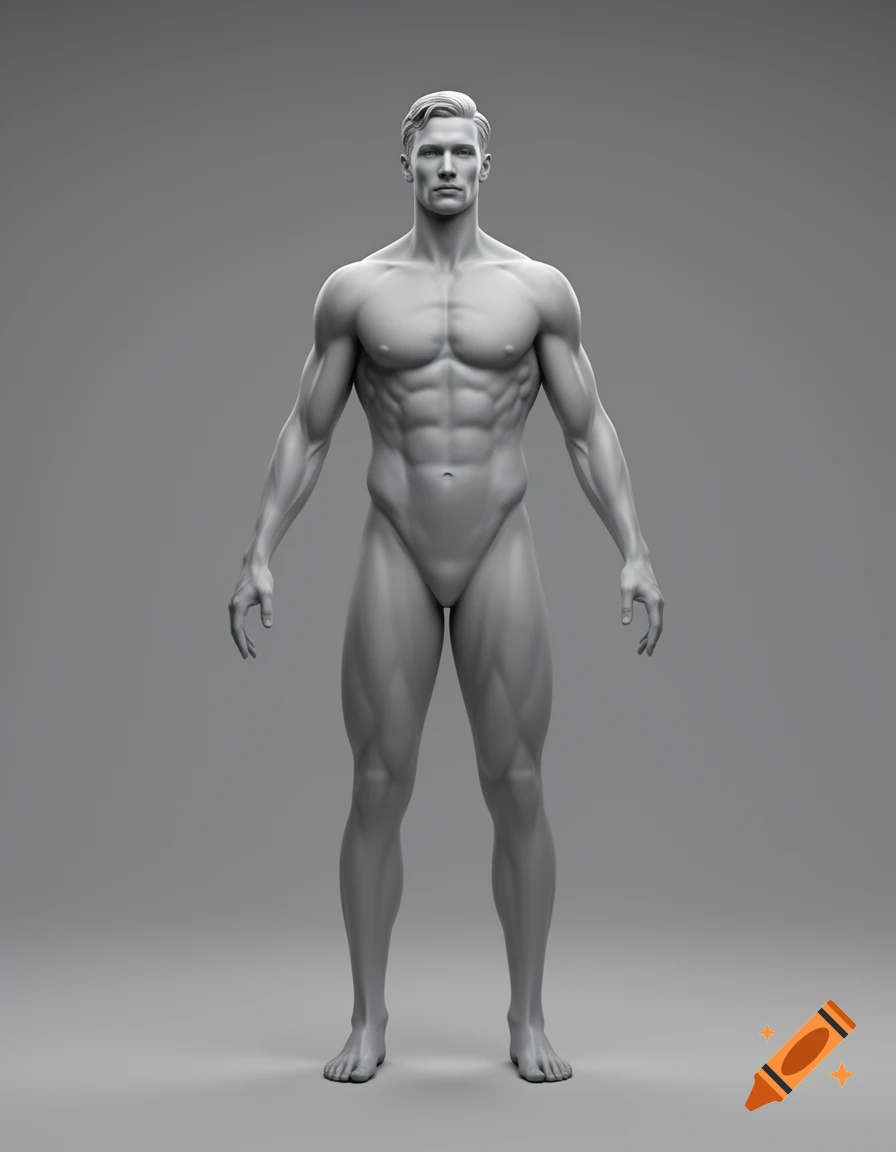 Grey 3D render of a muscular male figure standing in a neutral pose, highlighting anatomical detail.