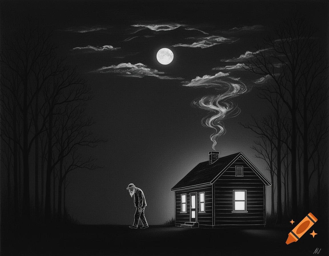 A black and white line art illustration of an old man walking towards a glowing cottage in a dark forest under a full moon.