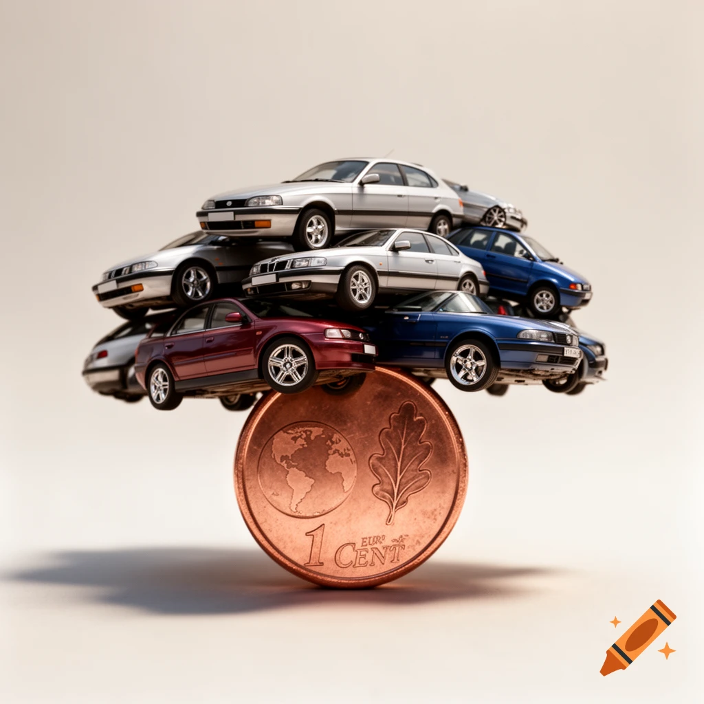 A stack of miniature toy cars, including silver, red, and blue models, balanced precariously on a 1 euro cent coin.