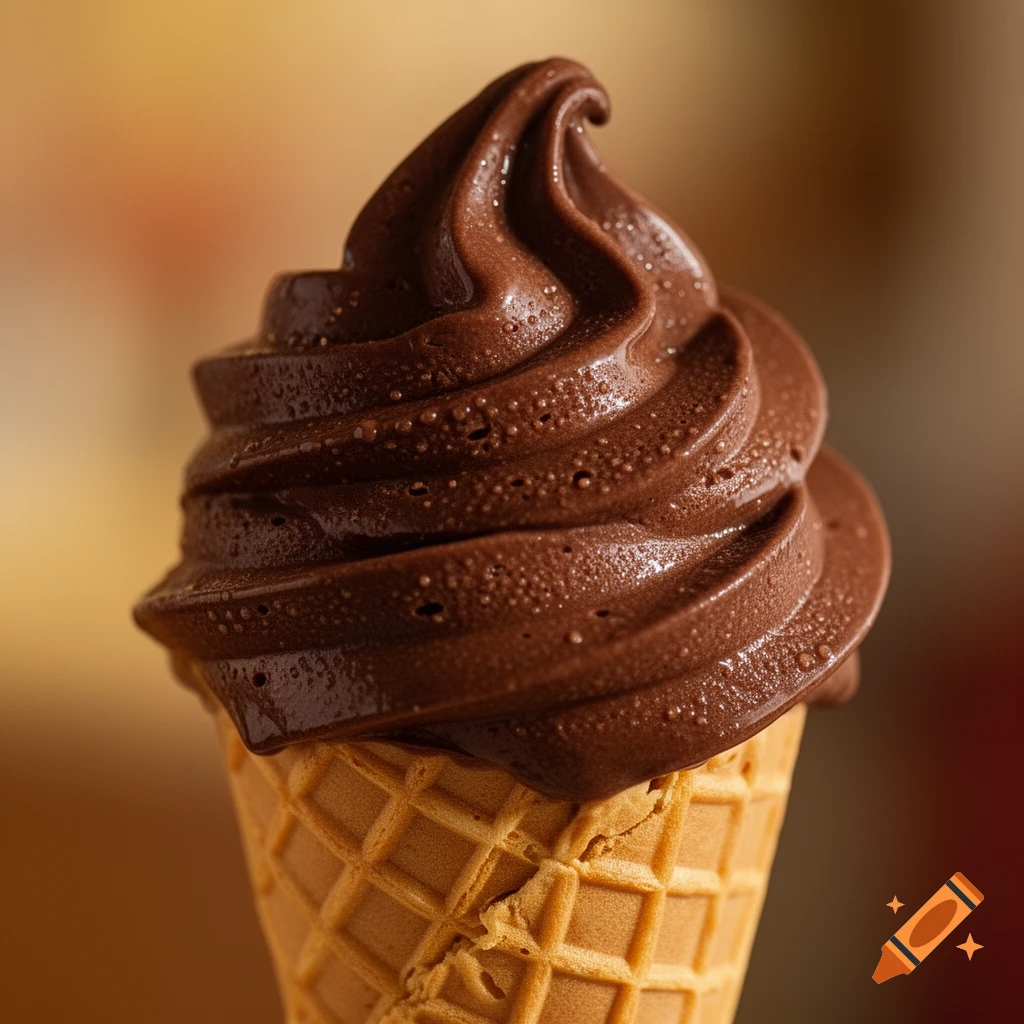 Close-up of a swirl of rich chocolate soft-serve ice cream in a waffle cone, photorealistic.