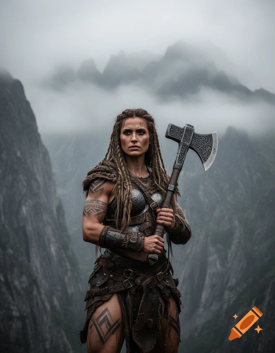 A strong female barbarian with dreadlocks and tattoos, holding a greataxe, stands in a foggy mountain pass.