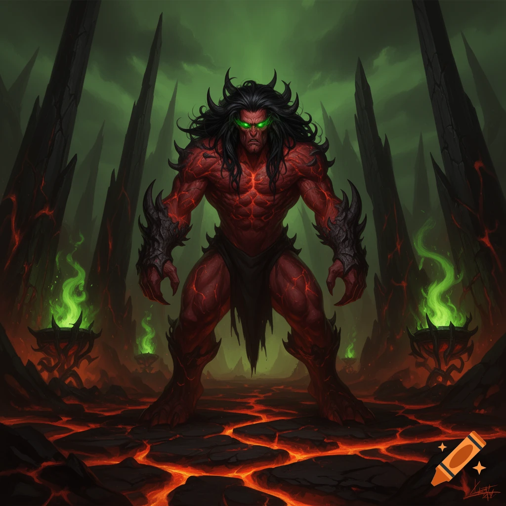 A red-skinned demon with green eyes and black hair stands in a hellish landscape of lava cracks and green flames.