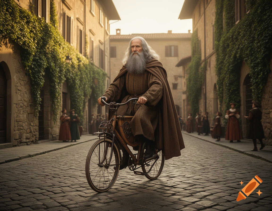 An old man with a long white beard and brown robes rides a vintage bicycle down a cobblestone street in an old European town.