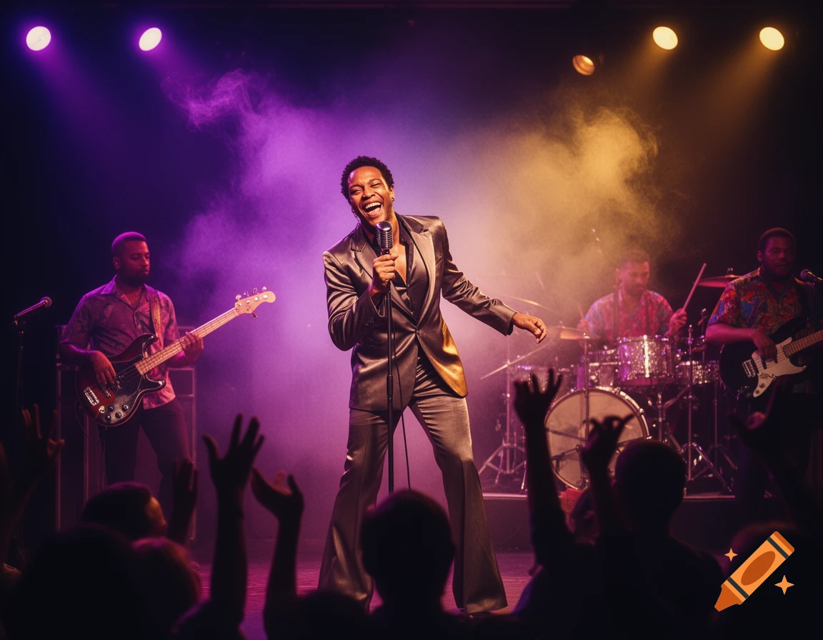 A lead singer in a metallic suit performs on stage with a band, bathed in purple and yellow spotlights and smoke, as an audience cheers with raised hands.