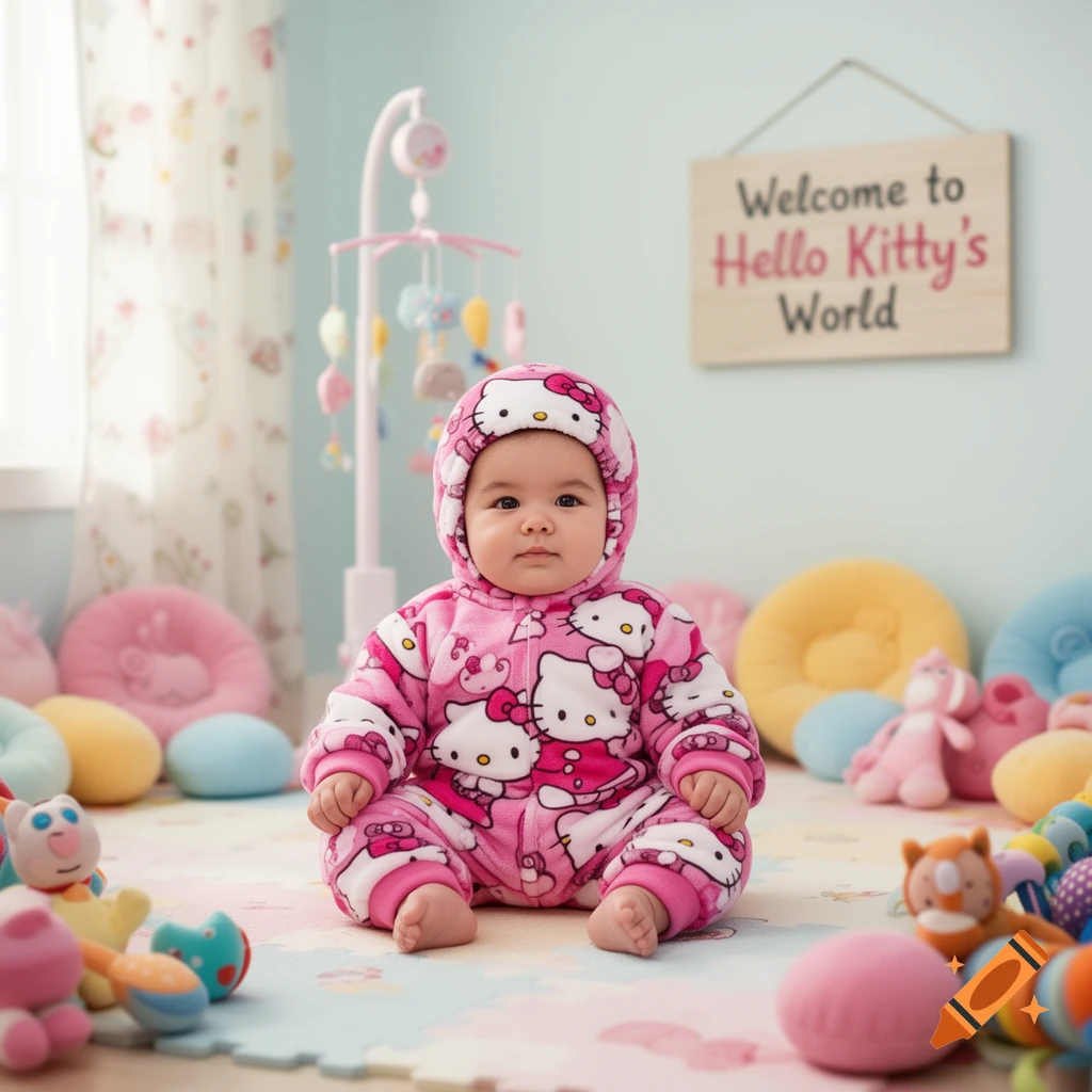 A baby in a pink Hello Kitty onesie sits on a play mat in a colorful nursery, with a sign reading 'Welcome to Hello Kitty's World' on the wall.
